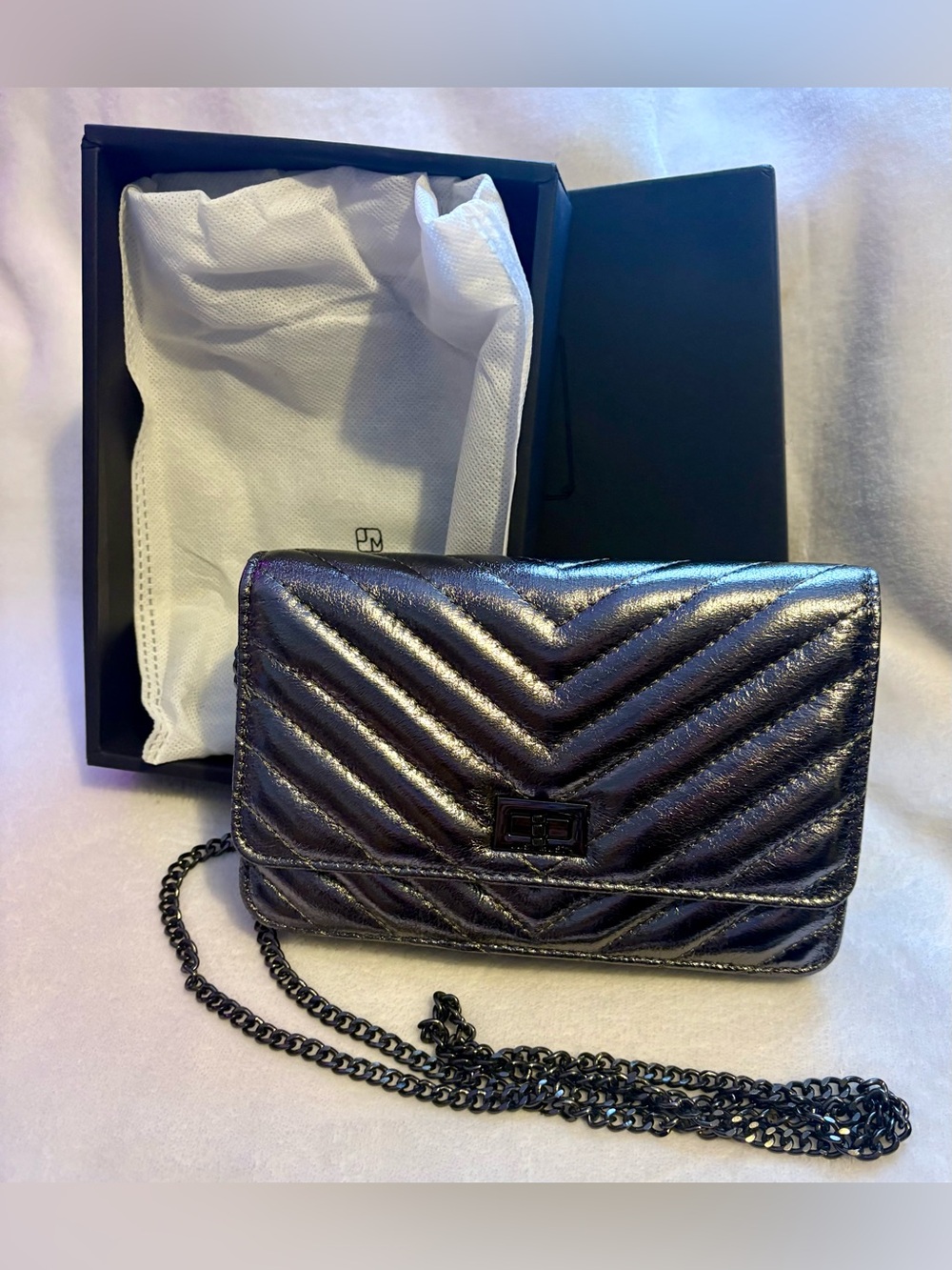 Just Me Metallic Chevron Quilted Crossbody Bag - Black with Iridescent Sheen